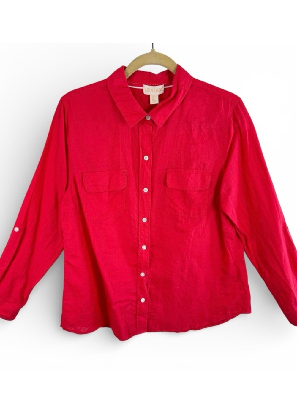 Lucy & Laurel Fuchsia Pink Linen Cotton Blend Roll Tab Button Down Shirt Large